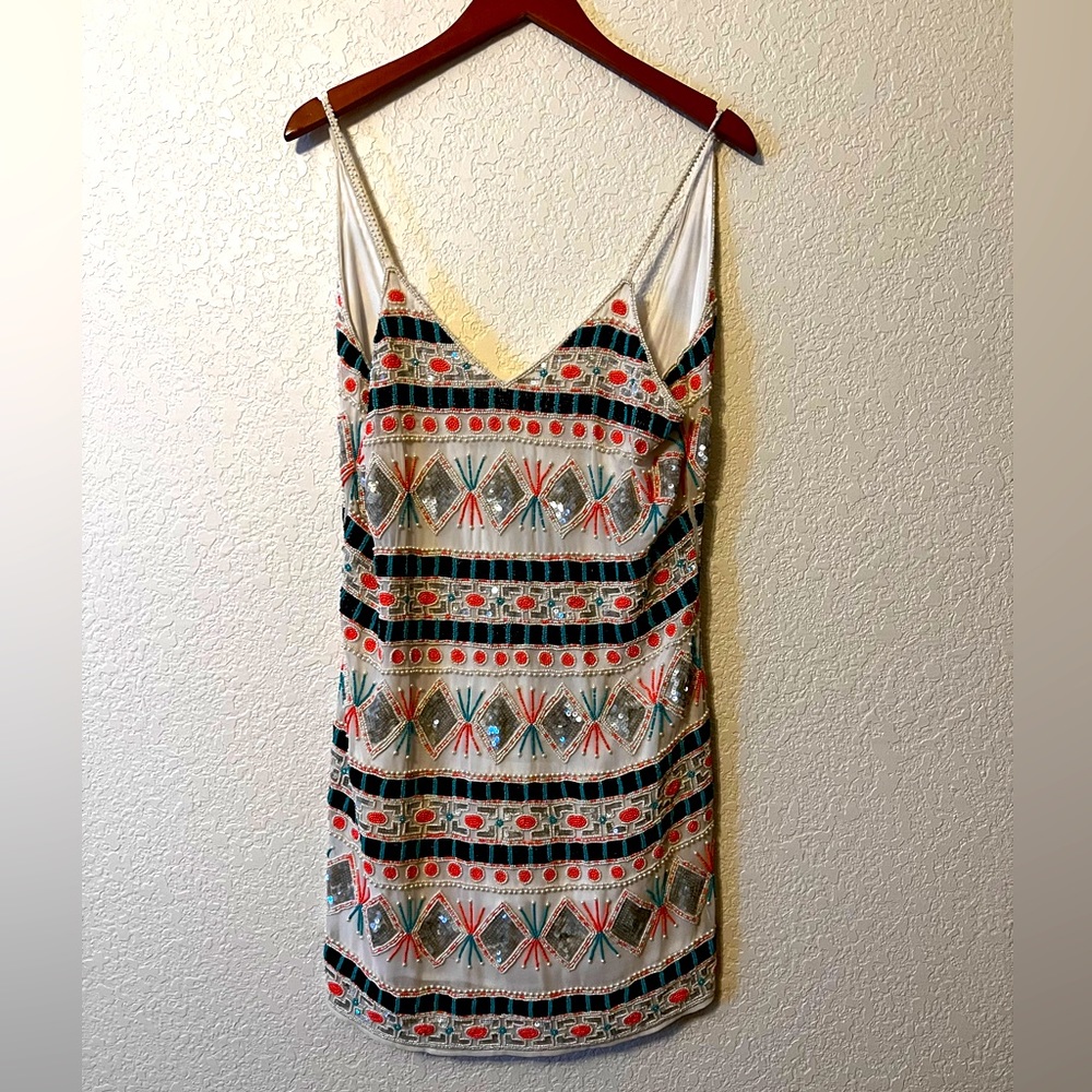 RAGA beaded v neck spaghetti strap flapper party dress white + turquoise/orange
